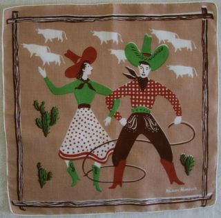 Very Rare Vtg Tammis Keefe Hankie Cowboy & Cowgirl Advertising For Neiman Marcus