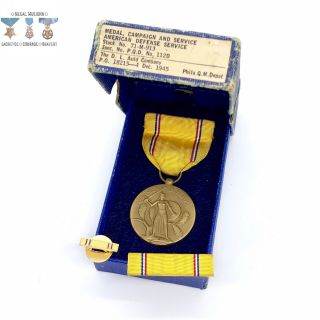 Wwii Us Army American Defense Medal Ribbon Bar Lapel D.  L.  Auld Box 12/4/1945