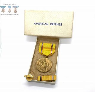 Wwii Us Navy & Usmc American Defense Medal Ribbon Bar Lapel Pin Titled Box Ww2