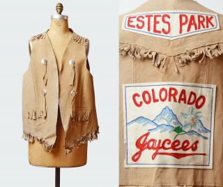 Vtg 70s Leather Fringe Vest Colorado Estes Park Souvenir Patchwork Suede Jacket