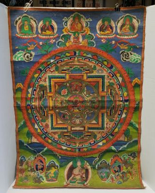 Antique Early Asian Chinese Tibetan Buddhist Thangka Painting On Canvas 30x20.  5