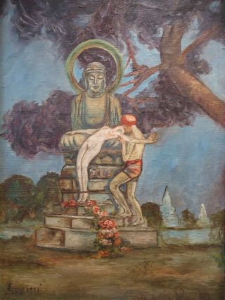 Antique Symbolist Painting Erotic Ritual S.  Asia China Buddha Temples Sacred