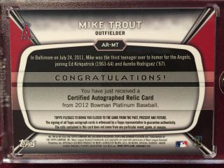 Mike Trout 2012 Bowman Platinum Gold Refractor Patch Auto Rookie Card 2/50 Rare 2