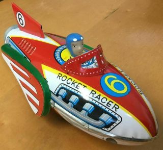 Vintage China Mf735 Tin Friction Rocket Racer 6 W/siren -