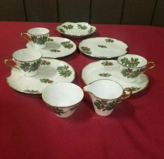 Christmas Holiday Dishes Ucagco Japan Porcelain Holly Berry Cups/creamer/gold
