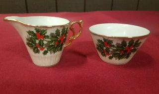 Christmas Holiday Dishes Ucagco Japan Porcelain Holly Berry Cups/Creamer/Gold 2