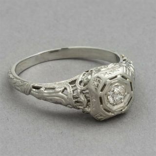 18k White Solid Gold Natural Diamond Size 6 Ring Estate Art Deco Jewelry