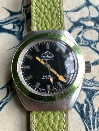Mondaine Vintage " Lobster " Dive Watch With Green Bezel