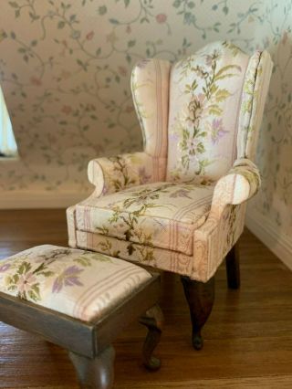 Vintage Miniature Dollhouse Artisan Nellie Belt Silk Damask Chair Stool C1985