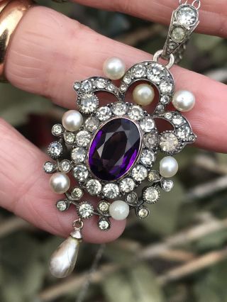 Antique Victorian French Sterling Silver Amethyst/diamond Paste Necklace Pendant