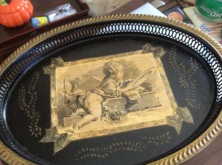 16” X 11 1/2 “ Decorative Black And Gold Cherub Metal Tole Tray W/cutouts