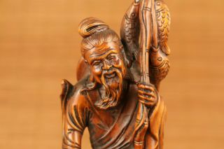 Antique Chinese Boxwood Buddha Fisherman Statue Netsuke Figure Table Home Deco