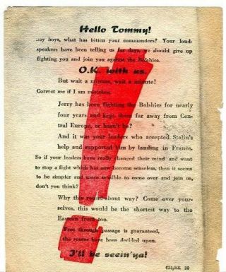 World War Ii Propaganda Leaflet,  Hello Tommy