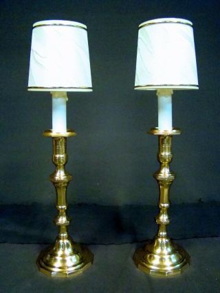 Lovely Pair Antique French Bronze Brass Candlestick Lamps Electrified Silk Shade