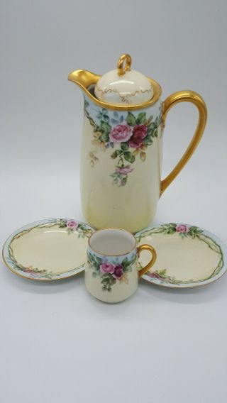 German Chocolate Pot - Roses Hand Painted By H.  Campbell 1 Demitasse - 2 Saucers