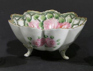 Early 20th C Porcelain Hand Painted Roses Candy Or Nut Bowl,  Footed,  Scalloped