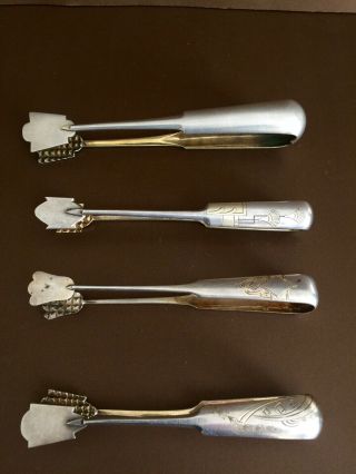 Set Of 4 Antique Russian Sterling Silver 84 Sugar Ice Tongs.