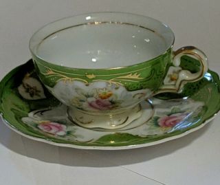 Antique 2 Mini Tea Cup/saucers Demitasse Gold/green Occupied Japan