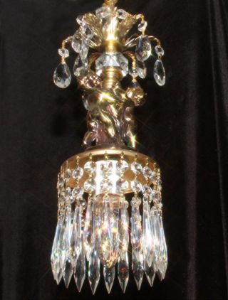 Crystal Swag Cherub Hanging Lamp Chandelier Brass Plated Vintage Spelter