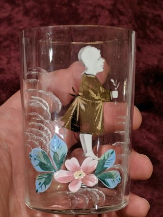 1800 ' s Mary Gregory Hand - Painted Antique Tumbler Drinking Glass Boy / Flowers 2