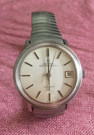 Vtg Universal Geneve Polerouter Mans Watch Automatic Date Swiss Round Dial