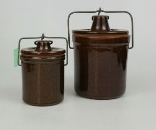 Set Of 2 Brown Ceramic Stoneware Crocks Fermenting Kimchi Pickle Jars Clamp Lids