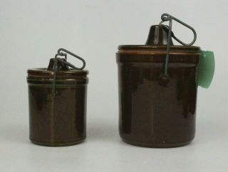 Set of 2 Brown Ceramic Stoneware Crocks Fermenting Kimchi Pickle Jars Clamp Lids 2