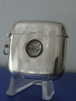 An Unusual Solid Silver Vesta Case With Compass Birmingham 1916