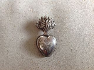 Antique Victorian Silver Heart Shaped Locket Pendant With Flame Burning Passion