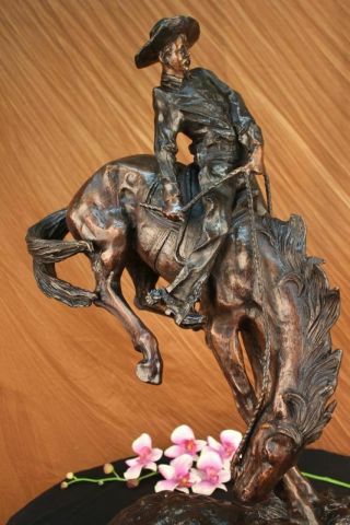 Vintage Frederic Remington Statue Horse Bronco Buster Bronze Marble Cowboy Decor