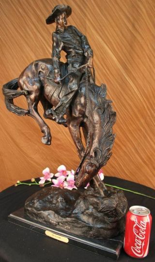 Vintage Frederic Remington Statue Horse Bronco Buster Bronze Marble Cowboy Decor 2