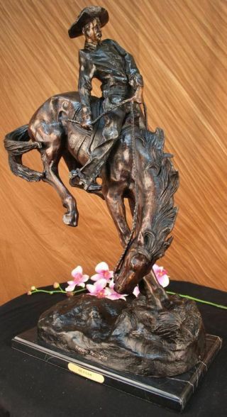 Vintage Frederic Remington Statue Horse Bronco Buster Bronze Marble Cowboy Decor 3
