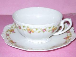 Antique Mz Austria Pink Rose Garland Fine Porcelain Tea Cup & Saucer