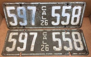 1926 Pair Dmv Clear Rare• (california) 597 558 License Plate - Vintage -