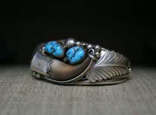Vintage Native American Navajo Turquoise Faux Claw Sterling Silver Bracelet 2