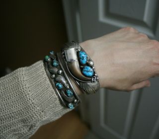 Vintage Native American Navajo Turquoise Faux Claw Sterling Silver Bracelet 8