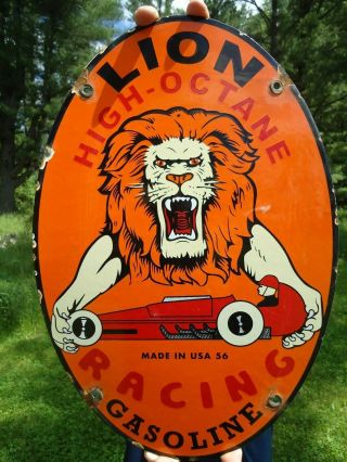 Old Vintage 1956 Lion High - Octane Racing Gasoline Porcelain Enamel Gas Pump Sign
