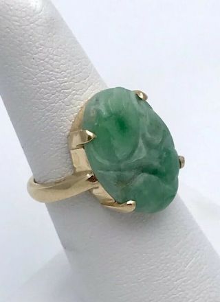 Vintage 14k Yellow Gold Carved Natural Jade Oval Shape Ring Size 6
