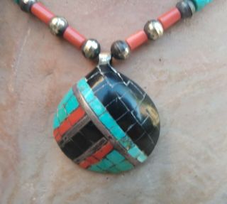 Vintage Santo Domingo Necklace and Inlaid Shell Pendant Turquoise Coral Sterling 3