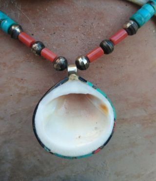Vintage Santo Domingo Necklace and Inlaid Shell Pendant Turquoise Coral Sterling 4