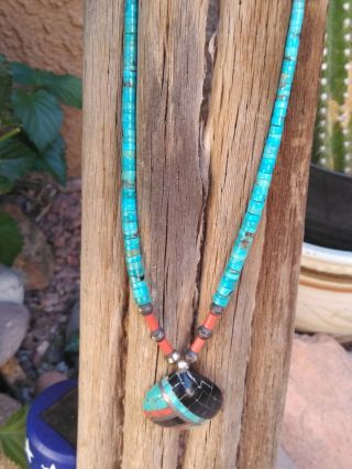 Vintage Santo Domingo Necklace and Inlaid Shell Pendant Turquoise Coral Sterling 6