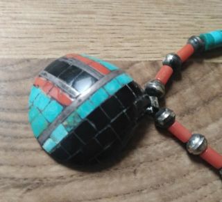 Vintage Santo Domingo Necklace and Inlaid Shell Pendant Turquoise Coral Sterling 8