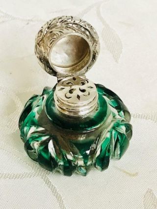Antique Green Overlay Perfume Scent Vinaigrette Bottle Silver Lid C1880