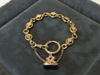 Antique Gold Fill Bookchain Watch Chain Charm Fob Bracelet Amethyst Wax Seal 7.  5