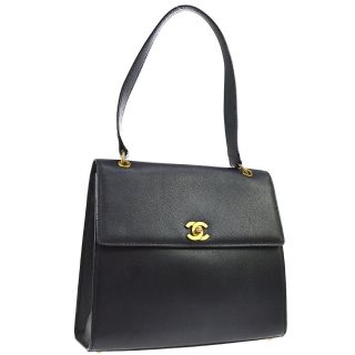 Authentic Chanel Cc Logos Shoulder Bag Black Caviar Skin Leather Vintage Ak30783
