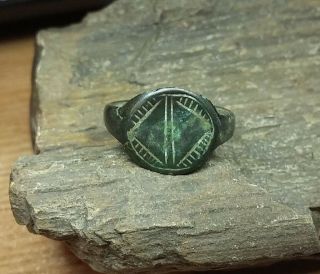 Perfect Old Antique Bronze Medieval Ring With Engraved Us - 8 2782