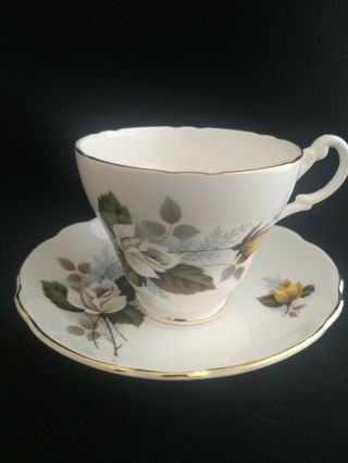 Royal Ascot Vintage Bone China Teacup And Saucer Set White & Yellow Roses 1960 