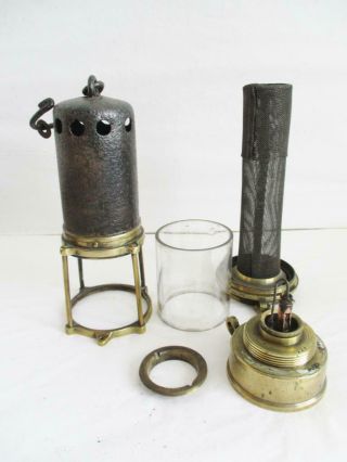 VERY EARLY BRASS/STEEL MINERS LAMP GAUZE INSIDE GLASS RARE GUYS / THIMBLE TOP 10