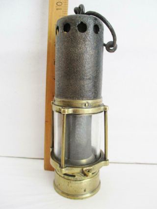 VERY EARLY BRASS/STEEL MINERS LAMP GAUZE INSIDE GLASS RARE GUYS / THIMBLE TOP 3