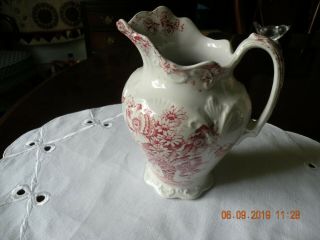 Vintage Red And White Floral Transferware Milk Cream Pitcher